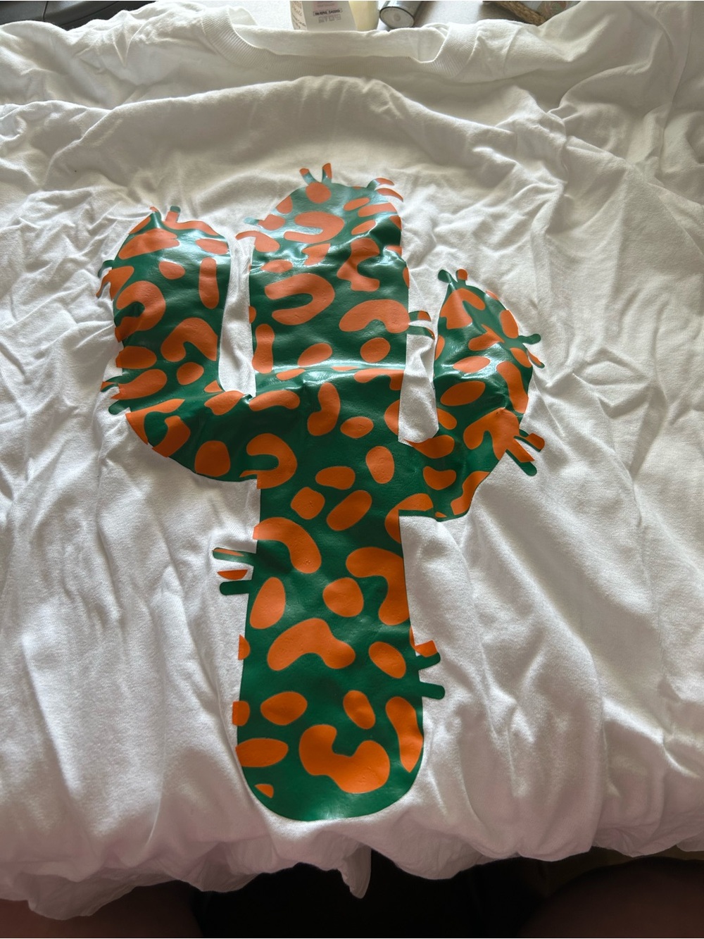 White Tee with Green & Orange Cactus Graphic